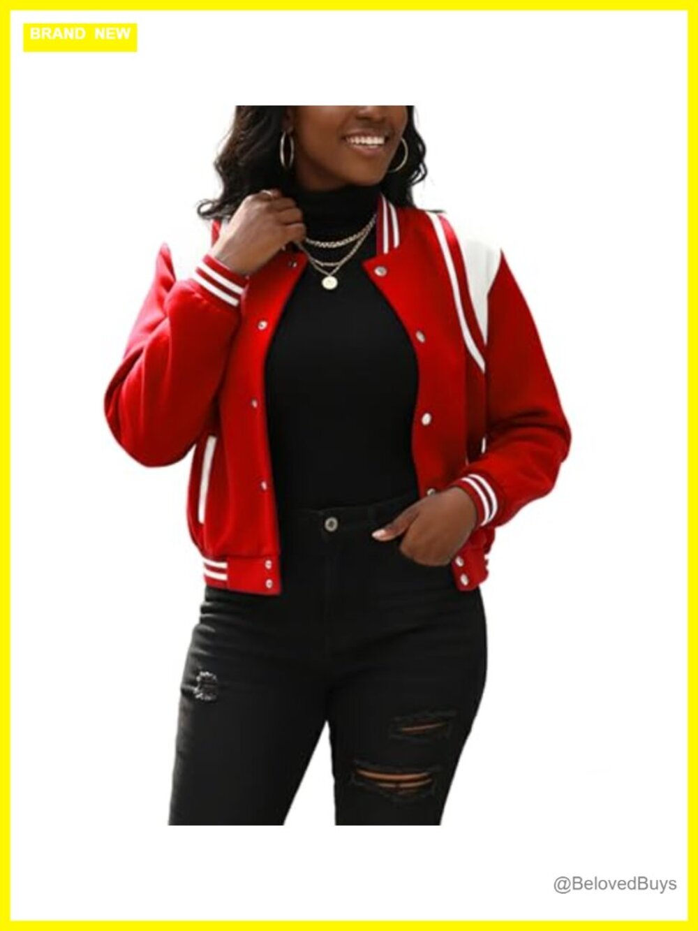 Women's Cropped Varsity Bomber Jacket Button Down Long Sleeve